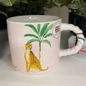 Cheetahs & Palm Trees Pink Ceramic Coffee Mug Bluebird and Willow England NWT